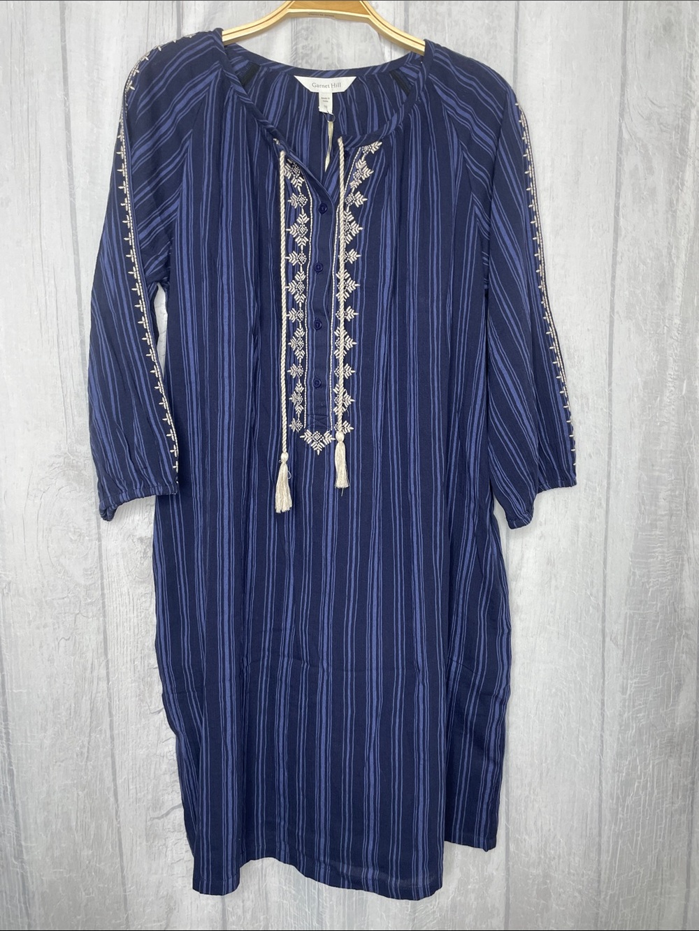 Garnet Hill Navy and Cream Striped dress.